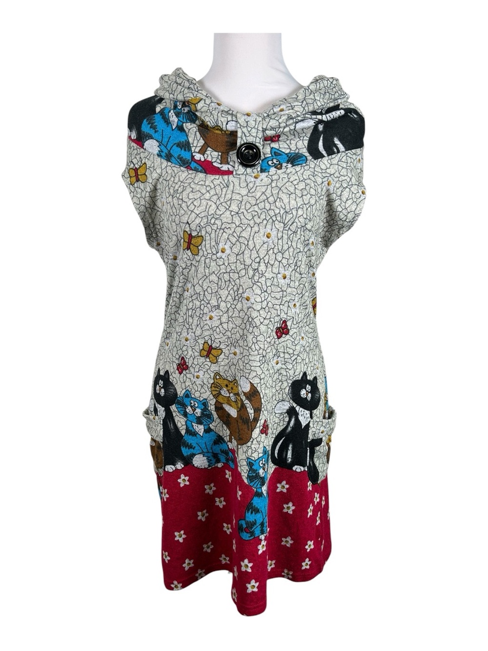 Purplish London Cat Floral Tunic Dress Estimated S Wool Blend Cowl Neck Pockets